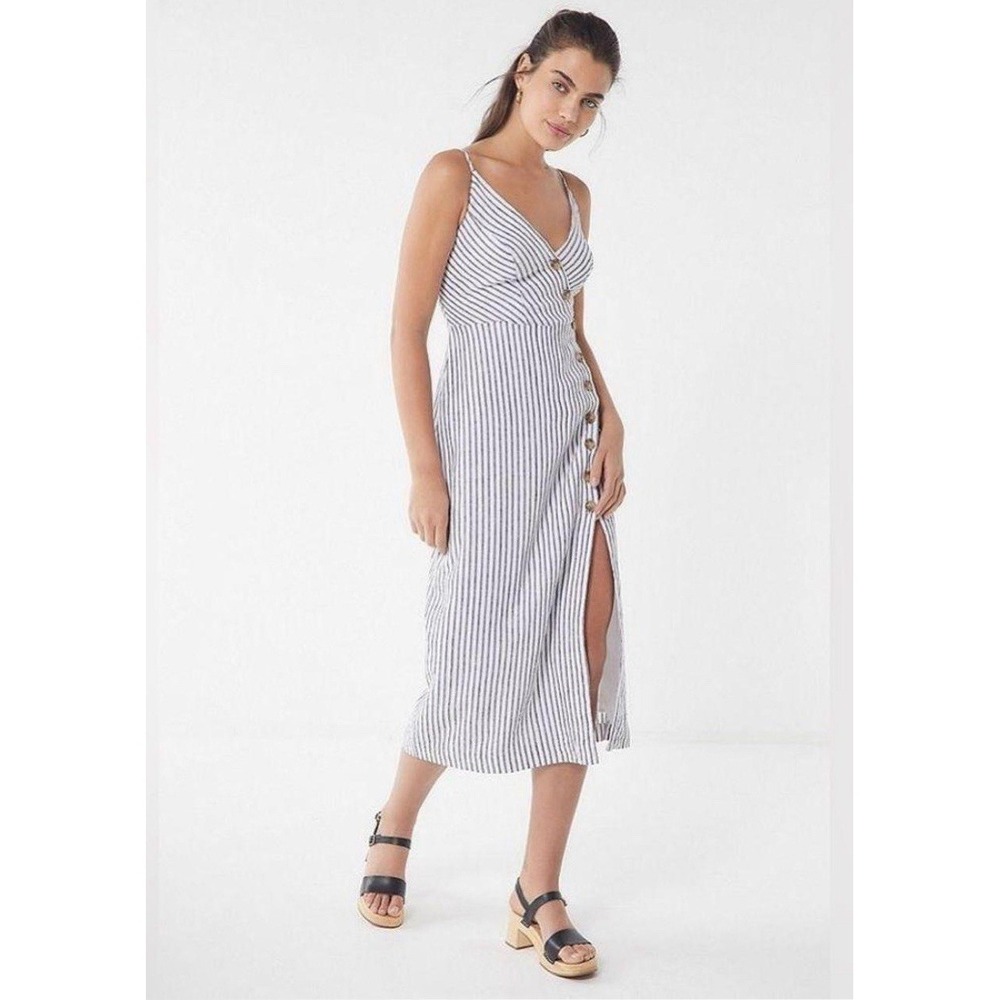 Urban‎ Outfitters Women's  XS/0 Amber Midi Dress Striped Button Side Slit Linen